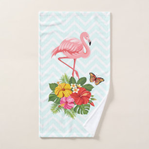 Pink Flamingo & Tropical Hibiscus Fancy Bath Towel Set