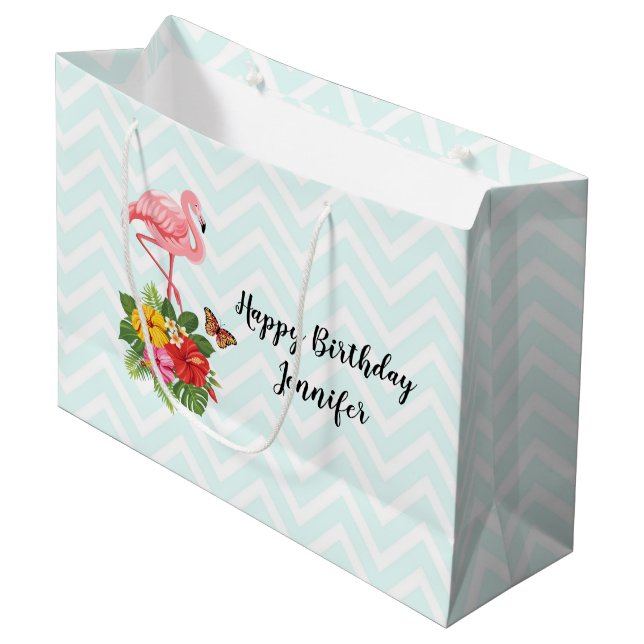 Pink Flamingo & Tropical Hibiscus Fancy Birthday Large Gift Bag (Front Angled)