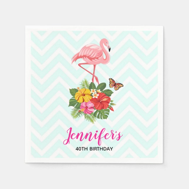 Pink Flamingo & Tropical Hibiscus Fancy Birthday Napkins (Front)