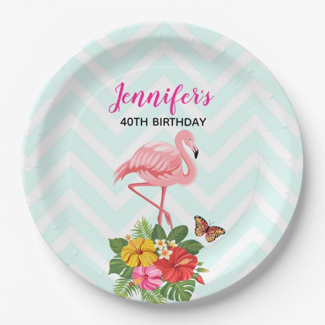 Pink Flamingo & Tropical Hibiscus Fancy Birthday Paper Plates (Front)
