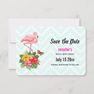Pink Flamingo & Tropical Hibiscus Fancy Birthday Save The Date