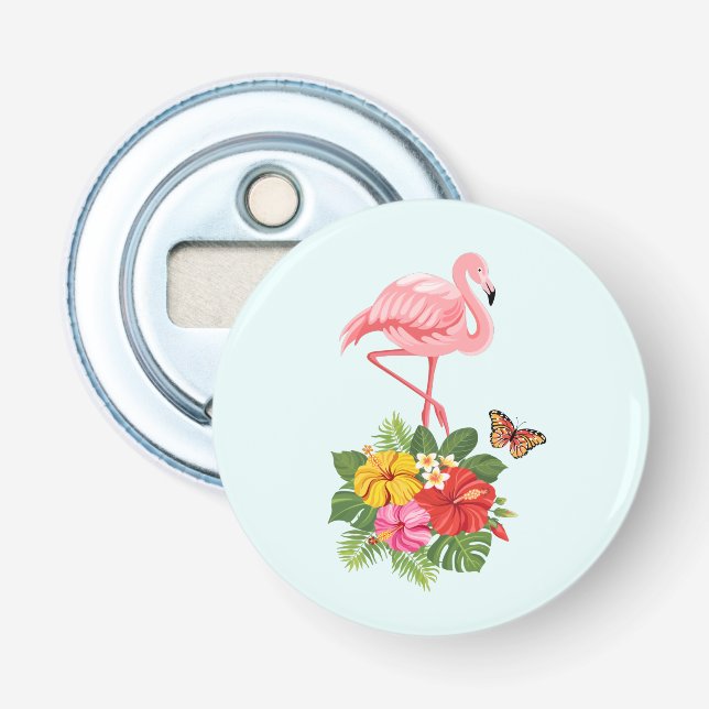 Pink Flamingo & Tropical Hibiscus Fancy Bottle Opener (Front)