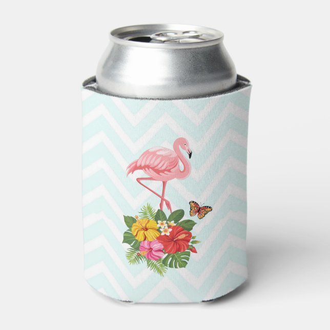 Pink Flamingo & Tropical Hibiscus Fancy Can Cooler (Can Front)