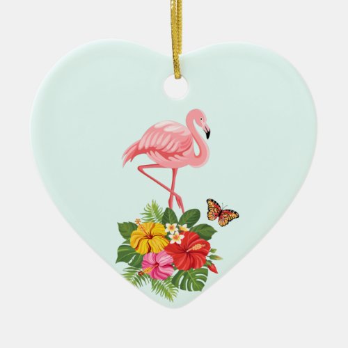 Pink Flamingo  Tropical Hibiscus Fancy Ceramic Ornament