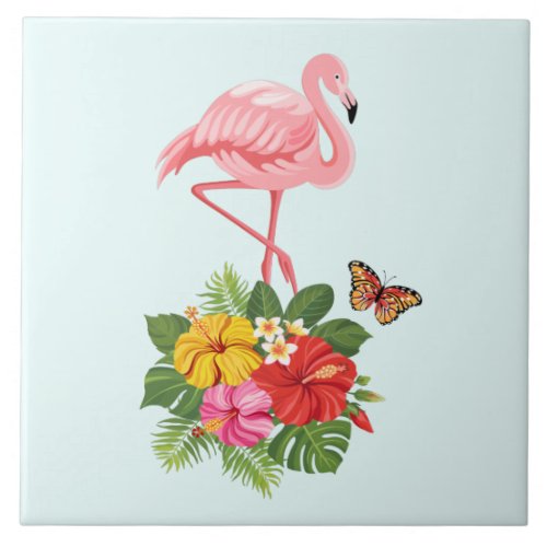 Pink Flamingo  Tropical Hibiscus Fancy Ceramic Tile