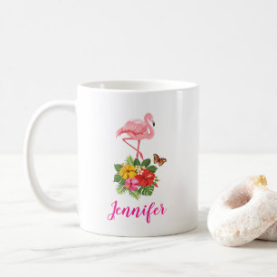 Pink Flamingo & Tropical Hibiscus Fancy Coffee Mug
