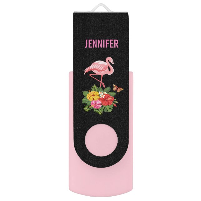 Pink Flamingo & Tropical Hibiscus Fancy Flash Drive (Front Vertical)