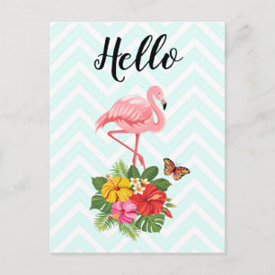 Pink Flamingo & Tropical Hibiscus Fancy Hello Postcard