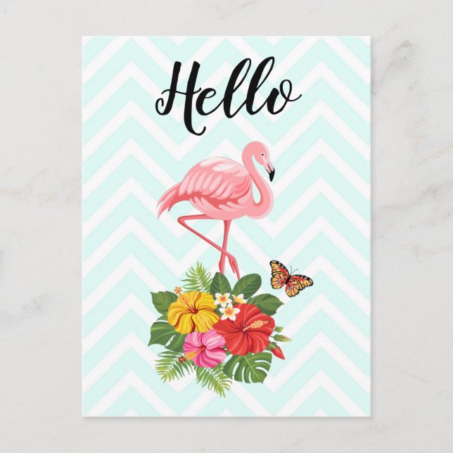 Pink Flamingo & Tropical Hibiscus Fancy Hello Postcard (Front)