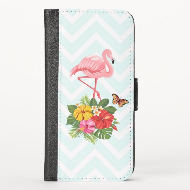 Pink Flamingo & Tropical Hibiscus Fancy iPhone Wallet Case (Front)