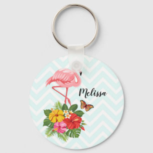 Pink Flamingo & Tropical Hibiscus Fancy Keychain