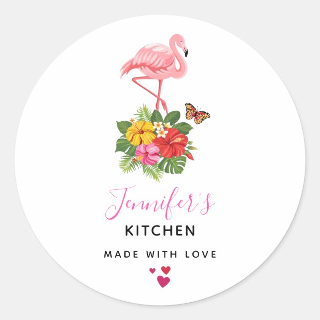 Pink Flamingo & Tropical Hibiscus Fancy Kitchen Classic Round Sticker (Front)