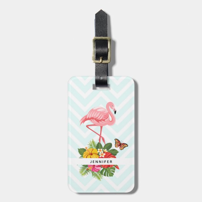 Pink Flamingo & Tropical Hibiscus Fancy Luggage Tag (Front Vertical)