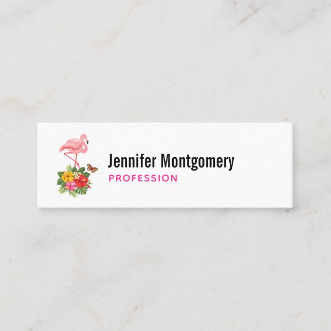 Pink Flamingo & Tropical Hibiscus Fancy Mini Business Card (Front)