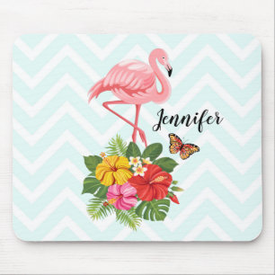 Pink Flamingo & Tropical Hibiscus Fancy Mouse Pad