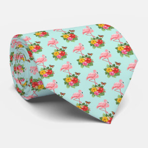 Pink Flamingo & Tropical Hibiscus Fancy Pattern Neck Tie