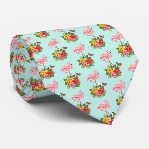 Pink Flamingo  Tropical Hibiscus Fancy Pattern Neck Tie