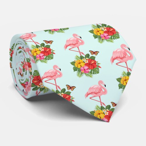 Pink Flamingo  Tropical Hibiscus Fancy Pattern Neck Tie