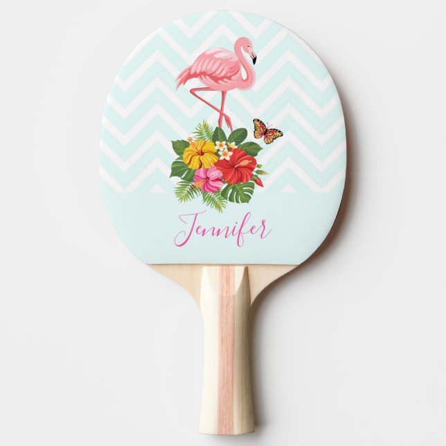 Pink Flamingo & Tropical Hibiscus Fancy Ping Pong Paddle (Front)