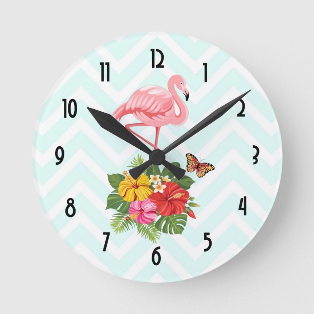 Pink Flamingo & Tropical Hibiscus Fancy Round Clock (Front)