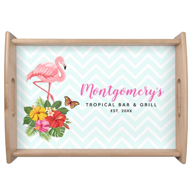 Pink Flamingo & Tropical Hibiscus Fancy Serving Tray (Front)