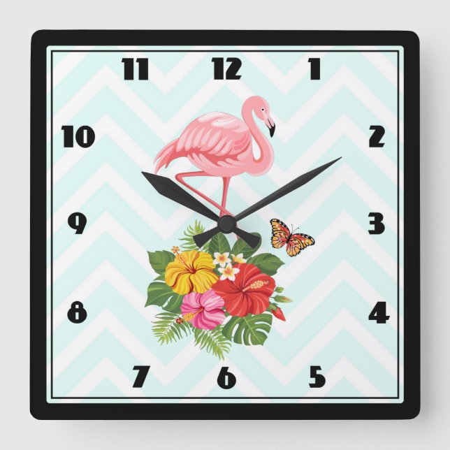 Pink Flamingo & Tropical Hibiscus Fancy Square Wall Clock (Front)