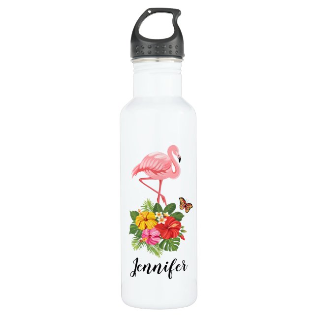 Pink Flamingo & Tropical Hibiscus Fancy Stainless Steel Water Bottle (Front)