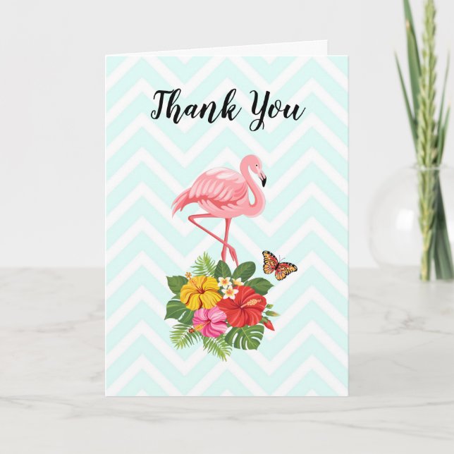 Pink Flamingo & Tropical Hibiscus Fancy Thank You Card (Front)