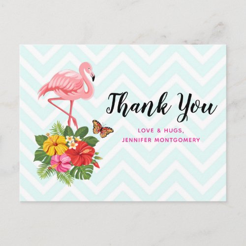 Pink Flamingo  Tropical Hibiscus Fancy Thank You Postcard