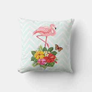 Pink Flamingo & Tropical Hibiscus Fancy Throw Pillow