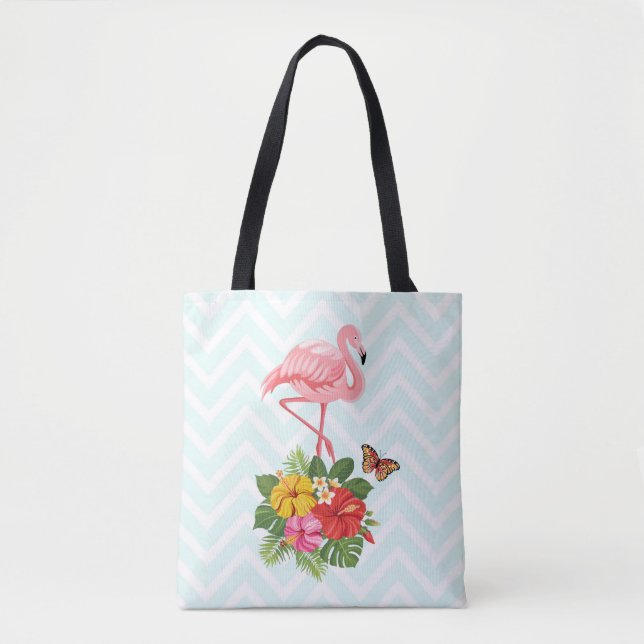 Pink Flamingo & Tropical Hibiscus Fancy Tote Bag (Front)