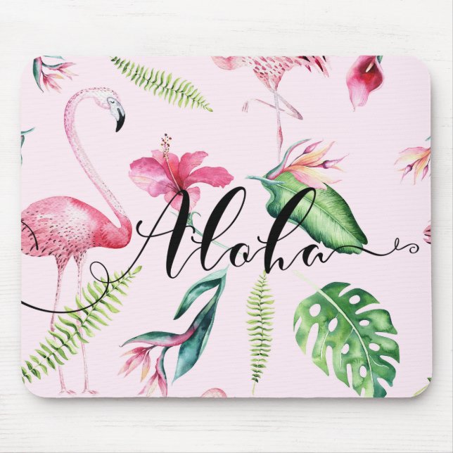 Pink Flamingo Tropical Hibiscus Floral Aloha Mouse Pad (Front)