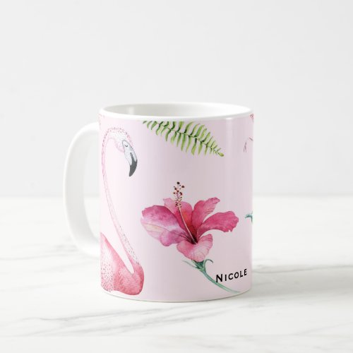 Pink Flamingo Tropical Hibiscus Floral Fun Coffee Mug