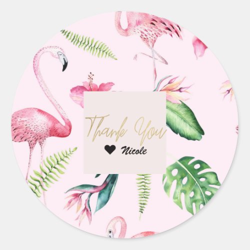 Pink Flamingo Tropical Hibiscus Floral Fun Favor Classic Round Sticker