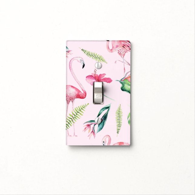 Pink Flamingo Tropical Hibiscus Floral Fun Light Switch Cover (In Situ)