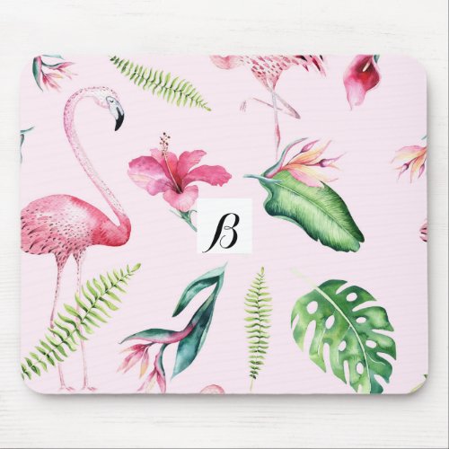 Pink Flamingo Tropical Hibiscus Floral Fun Mouse Pad