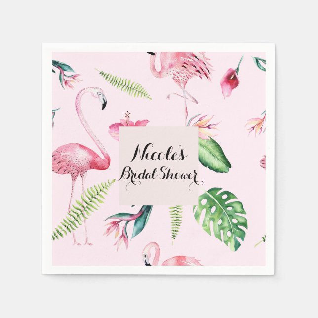 Pink Flamingo Tropical Hibiscus Floral Fun Party Paper Napkins (Front)