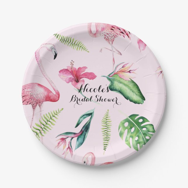 Pink Flamingo Tropical Hibiscus Floral Fun Party Paper Plates (Front)