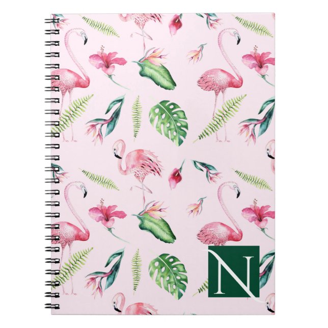 Pink Flamingo Tropical Hibiscus Floral Fun Summer Notebook (Front)