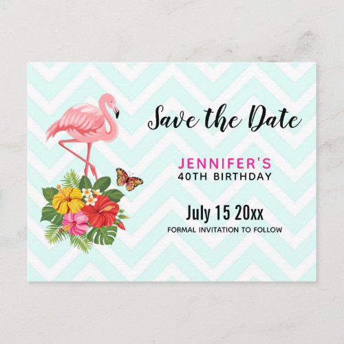 Pink Flamingo  Tropical Hibiscus Save the Date Invitation Postcard