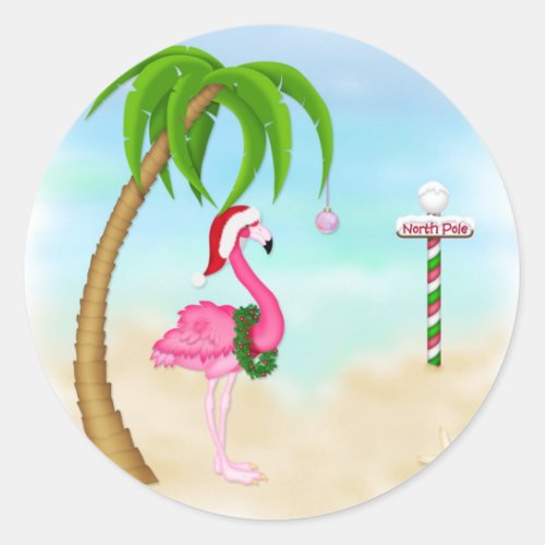 Pink Flamingo Tropical Holiday Classic Round Sticker