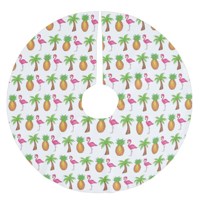 Pink Flamingo Tropical Island Palm Tree Pineapple Brushed Polyester Tree Skirt (Front)
