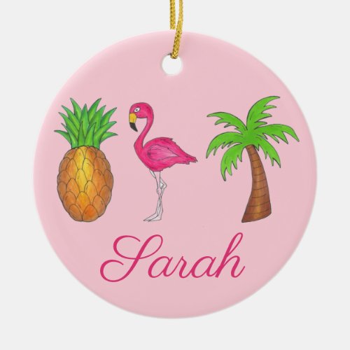 Pink Flamingo Tropical Island Palm Tree Pineapple Ceramic Ornament