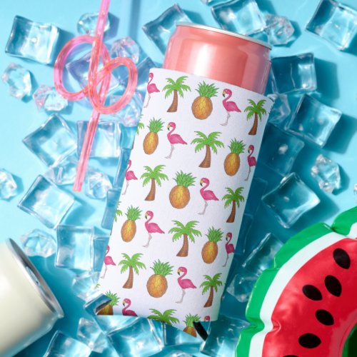 Pink Flamingo Tropical Island Palm Tree Pineapple Seltzer Can Cooler