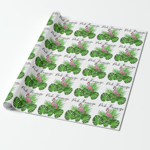 Pink Flamingo, tropical jungle Leave Wrapping Paper