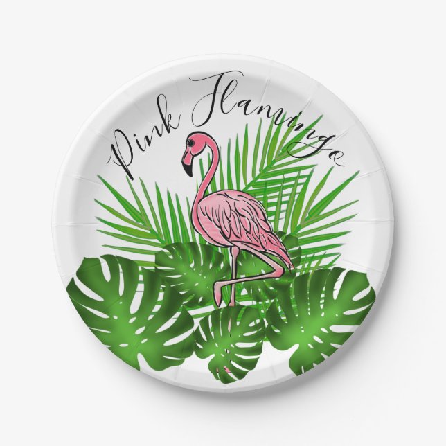 Pink Flamingo, tropical jungle leaves  Paper Plates (Front)