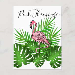 Pink Flamingo, tropical jungle Leaves Postcard