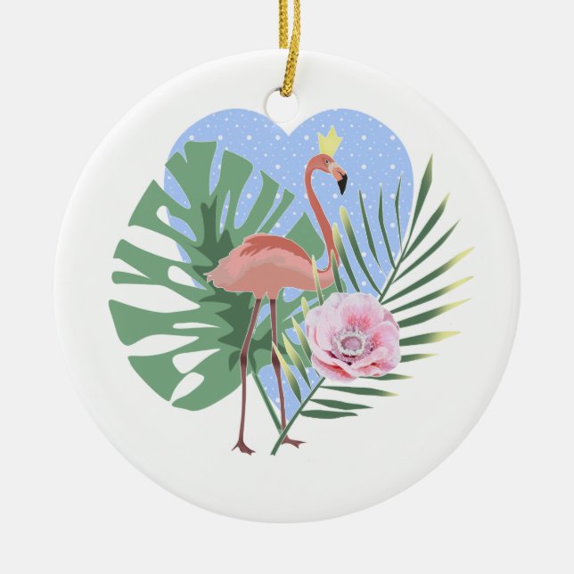 Pink Flamingo tropical leaf palm Ceramic Ornament (Front)