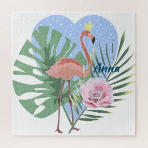 Pink Flamingo tropical leaf palm Jigsaw Puzzle