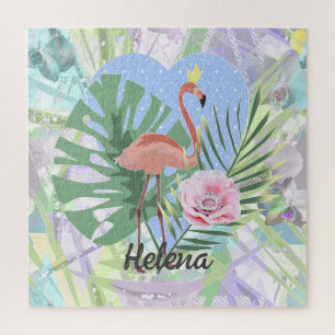 Pink Flamingo tropical leaf palm monstera Jigsaw P Puzzle